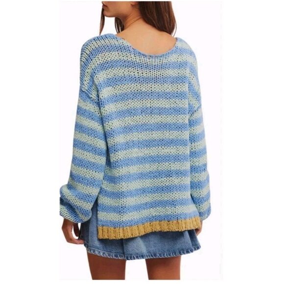 Free People Sweaters - Free People Portland Pullover Blue Stripe Knit Sweater Medium. (HL08)